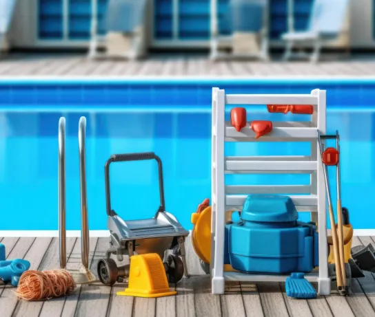 Equipos de limpieza y mantenimiento junto a una piscina